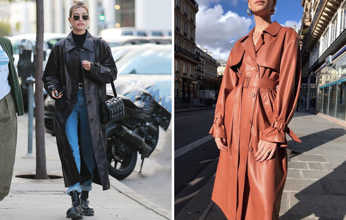 Long faux leather trench coat in 2021 fashion trends with wearability